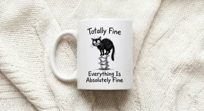 Mug Cat Balancing on Teacup Stack Totally Fine Funny Stress Humor Coffee Cup