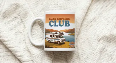 Mug Vintage 70s Camper Road Trippers Club Sunset Mountain Lake