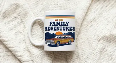 Mug with 1970s Family Adventure Retro Design Station Wagon and Mountains