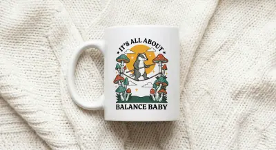Mug Badger Tightrope Walk Mushrooms Quote Balance Baby Retro Folk Art