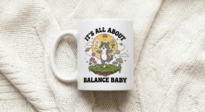 Mug Balance Cat Mushroom Daisy Retro Cartoon