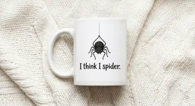 Mug I think I spider funny german saying black text white spider motif