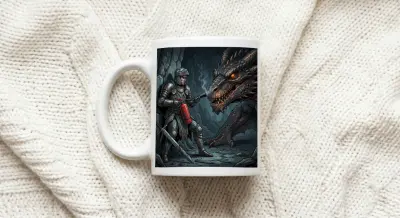 Mug Knight with Fire Extinguisher Fighting Dragon Medieval Fantasy Design