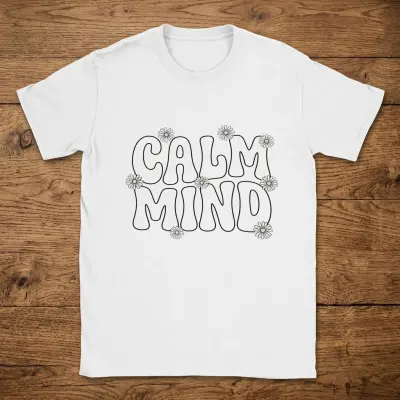 T-Shirt Calm Mind Retro Wavy Bubble Font Pastel Daisies Screen Print Aesthetic