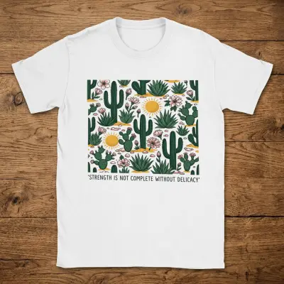 T-Shirt with Desert Plants Pattern and Quote on Strength and Delicacy