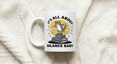 Mug with retro cat motif, text It's All About Balance Baby