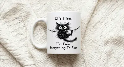 It's Fine I'm Fine Cat Doodled Mug Clinging to Thread Black Ink