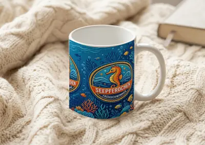Mug with three seahorse swimming badges lined up minimalist design